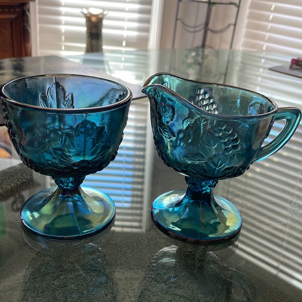 Blue Carnival Glass Vintage Creamer & Sugar Set